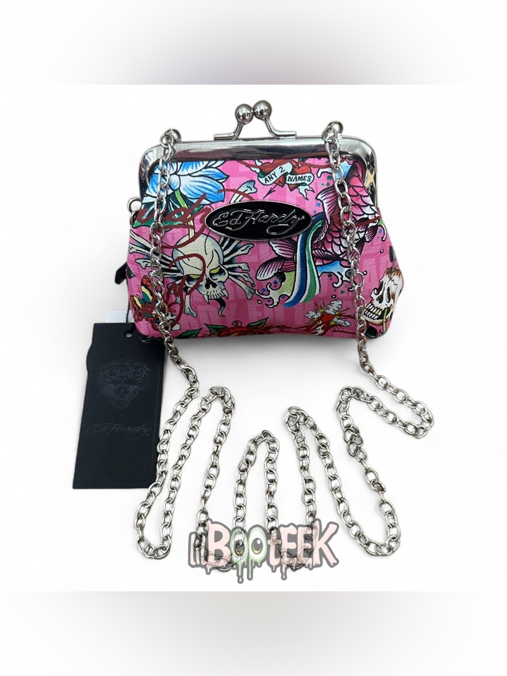 Ed Hardy Vegan Leather Kisslock Chain Coin Purse Pink Flash Tattoo Logo NEW Y2K